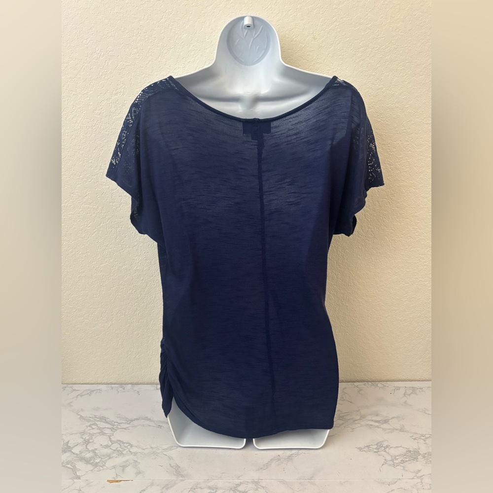 By X By Womens Shirt Sz L Blue Lace Boat Neck Short Sleeve Pullover Top - Picture 4 of 6